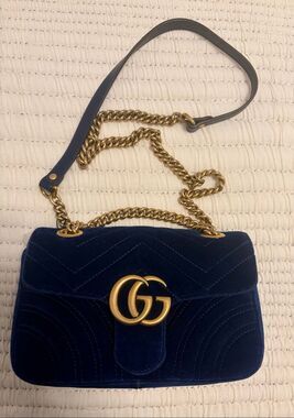 GUCCI GG Marmont Small Blue Velvet Shoulder Bag Gold 446744 Authenticated